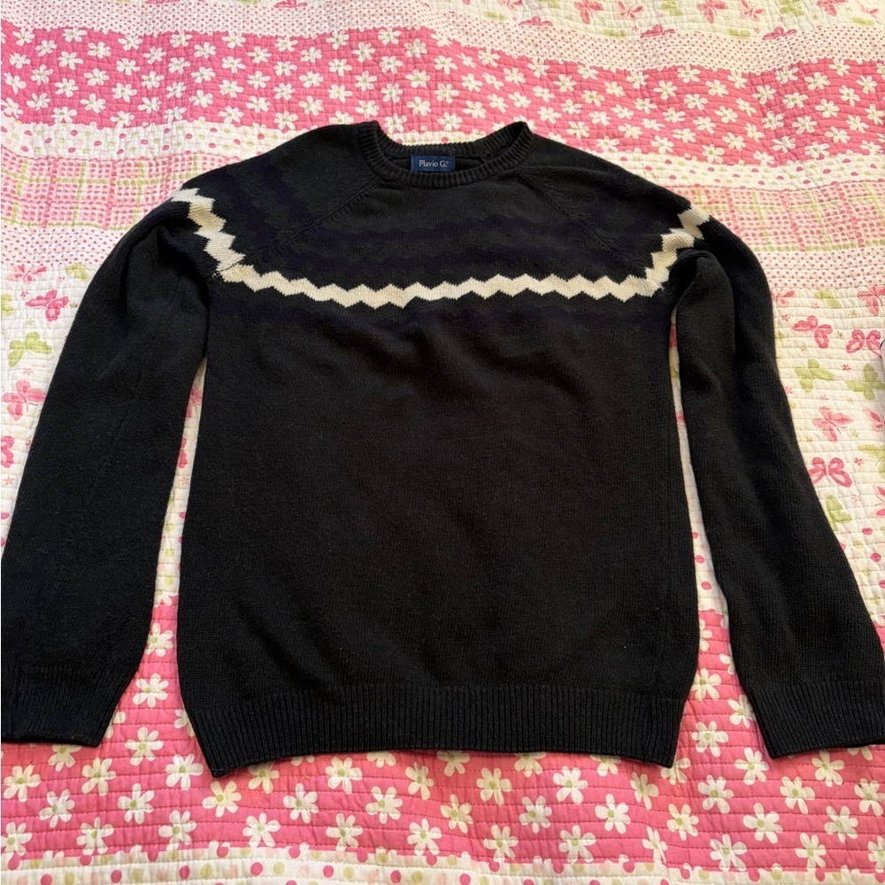 Flavio G Wool Blend Dark Green/Navy/Cream Chevron Design Sweater-Size Small